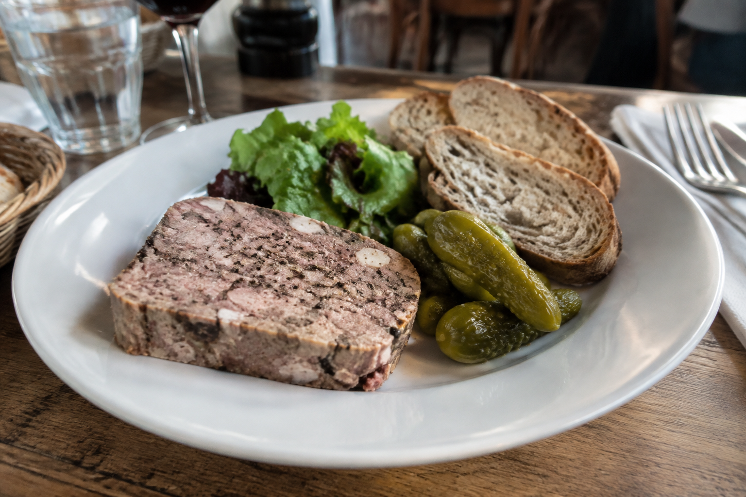 Pâté de campagne maison, servi avec ses cornichons croquants et son pain de campagne