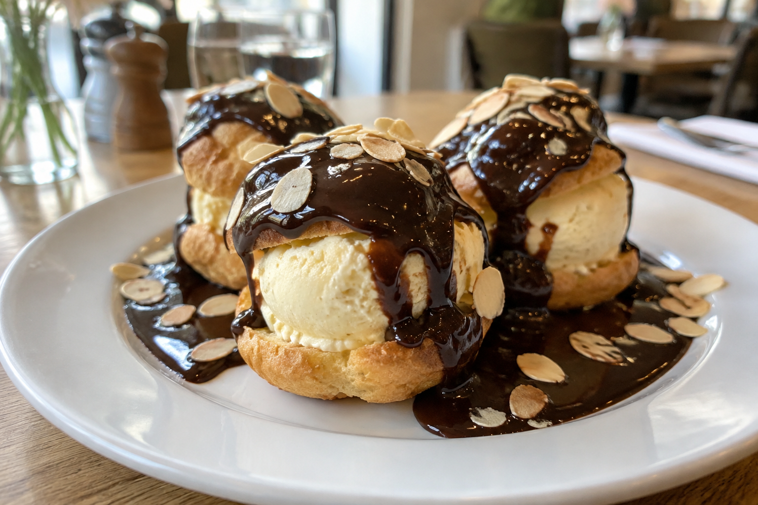 Profiteroles généreuses, garnies de glace vanille et nappées d’une sauce chocolat chaude